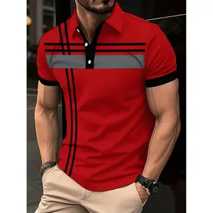 Men's striped printed contrasting patchwork polo shirt, men's polo shirt, casual short sleeved button up front collar shirt, summer t-shirt, fashionable men's daily streetwear