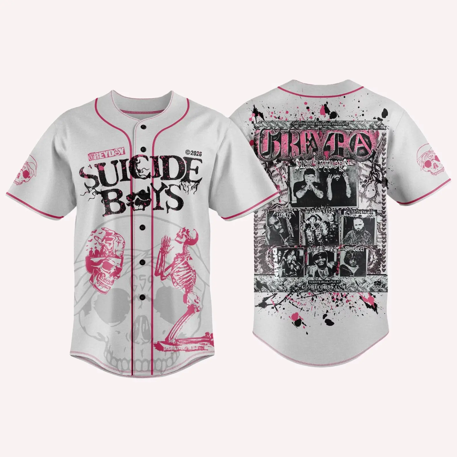 Suicideboys Baseball Jersey, Grey Day Tour 2026 Skull Shirt, G59 SB Ruby Scrim Merch, Rolling Loud EDC Festival Outfit, Praying Skeleton Splatter Graphic Button Down Top, Hip Hop Underground EDM Music Lover Unisex Rave Apparel