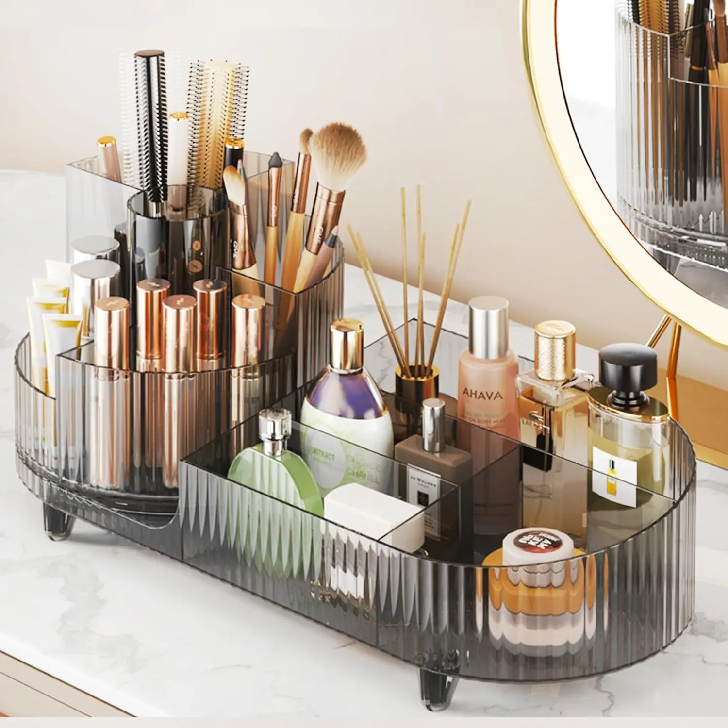 Rotating Makeup Organizer for Vanity with Brush Holder,  Makeup Storage Organizer, Large Spinning Makeup Skincare Organizer, Countertop Makeup Perfume,  Display Case (Transparent Black)