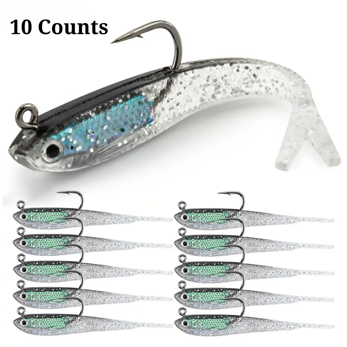 Artificial Fishing Lure, Topwater Fishing Lure, 10pcs/set Bionic Soft Fishing Bait with Hook, Fork Tail Soft Bait, Fishing Tackle, Outdoor Fishing Accessories, Outdoor Fishing Equipment, Fishing Lures Kit