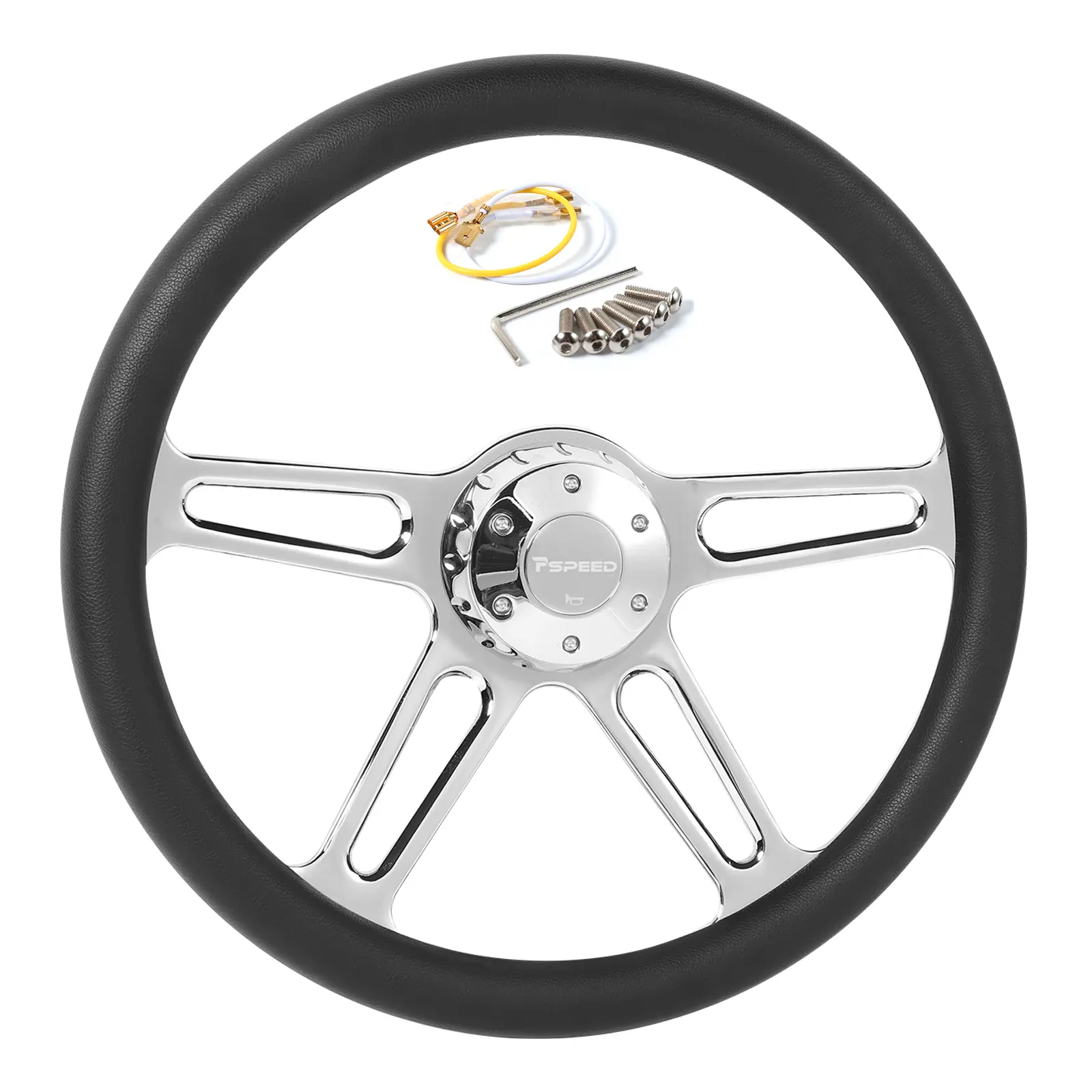 18 inches Custom Lychee Leather Truck Steering Wheel - 5-Bolt, 4-Spoke, Chrome Aluminum Alloy, 50mm Deep Dish, Fit for Kenworth, for Peterbilt, for Freightliner, for Volvo Trucks, for Vehicle Accessories