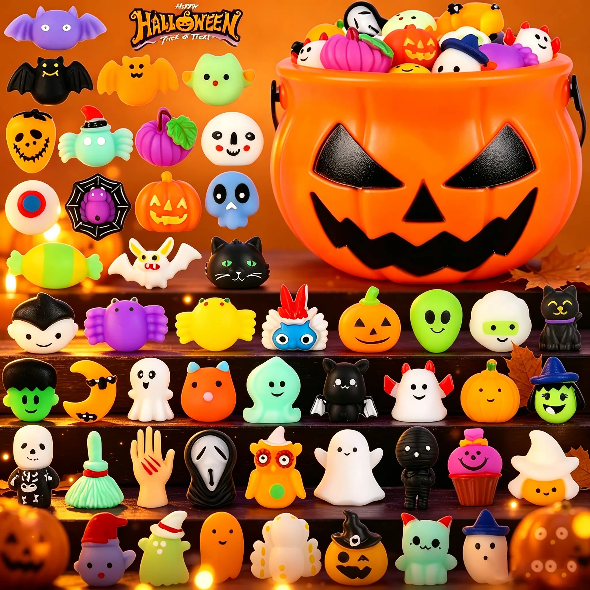 50pcs Halloween Squishy Toys – Soft Cartoon Squeeze Figures for Stress Relief and Decoration