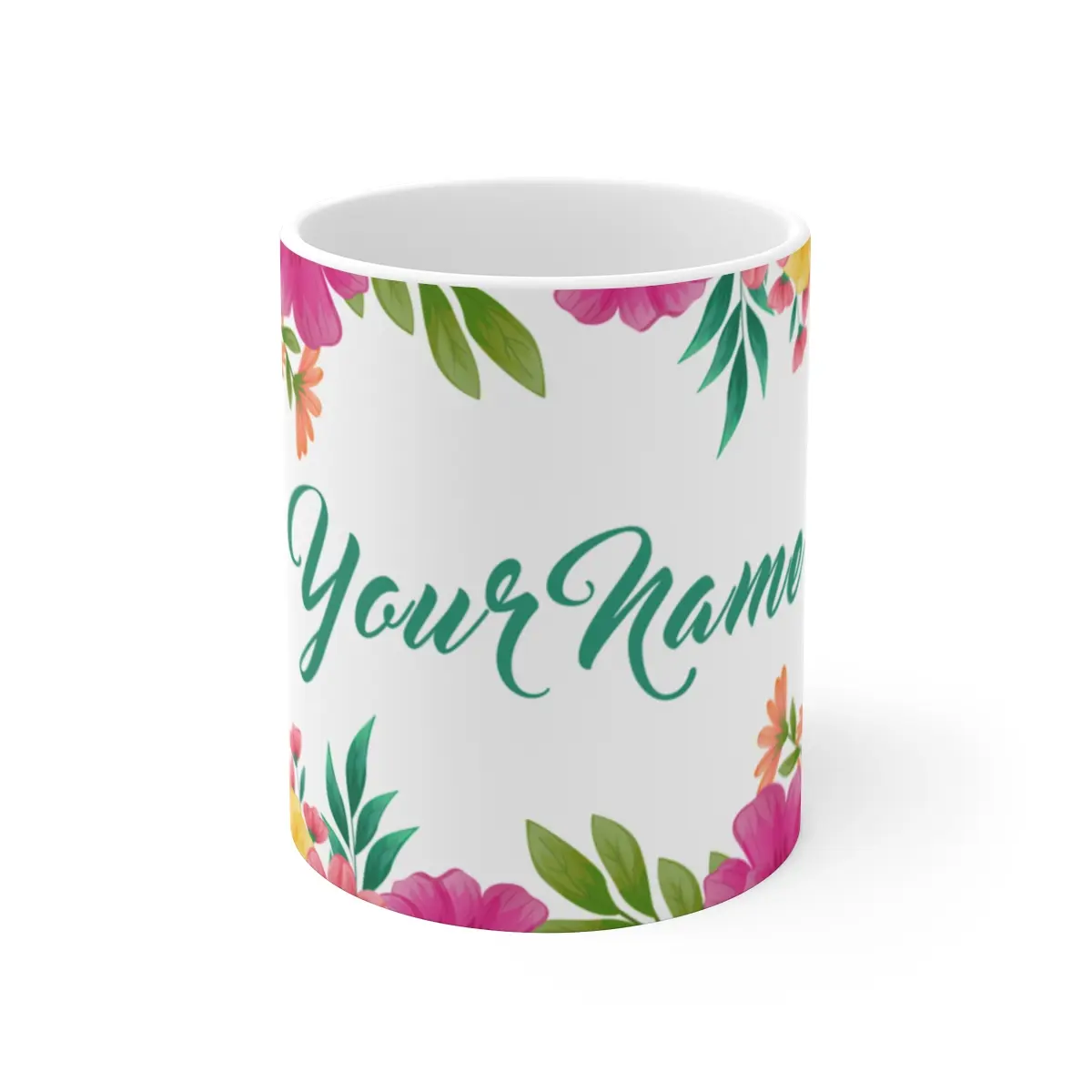 Personalized Floral Design Mug with Custom Name - 11oz Ceramic Reusable Coffee Cup - Tumbler