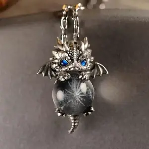 2025 new cute little flying dragon pendant blue eye holding beads three-dimensional dragon necklace personality retropendant fashionable trend suitable for daily wear and gift first choice