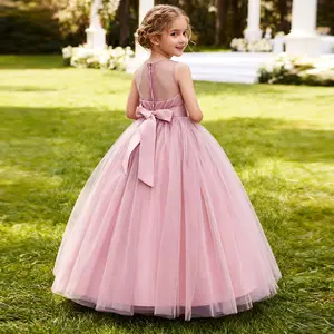 Girls’ long puff formal dress in pink fabric, featuring a sequin and pearl waistband plus a large bow; suitable for weddings, flower girl performances, birthday events, and formal occasions; princess dress. beauty pageant big bow gown summer party