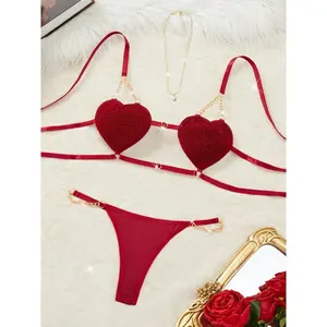 Women’s Sexy Lingerie Set (2 Pieces): Heart-Shaped Double-Strap Bra with Gold Chain and Elegant Thong; 100% Polyester Knitted Fabric; Medium Support; Black/Bridal Sparkle Red