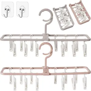 2 Pack Small Folding Portable Clothes Drying Racks Grey Pink Underwear Hangers with 12 Clips 360° Rotatable Traceless Hook for Drying Socks Towels Bras Baby Clothes Gloves