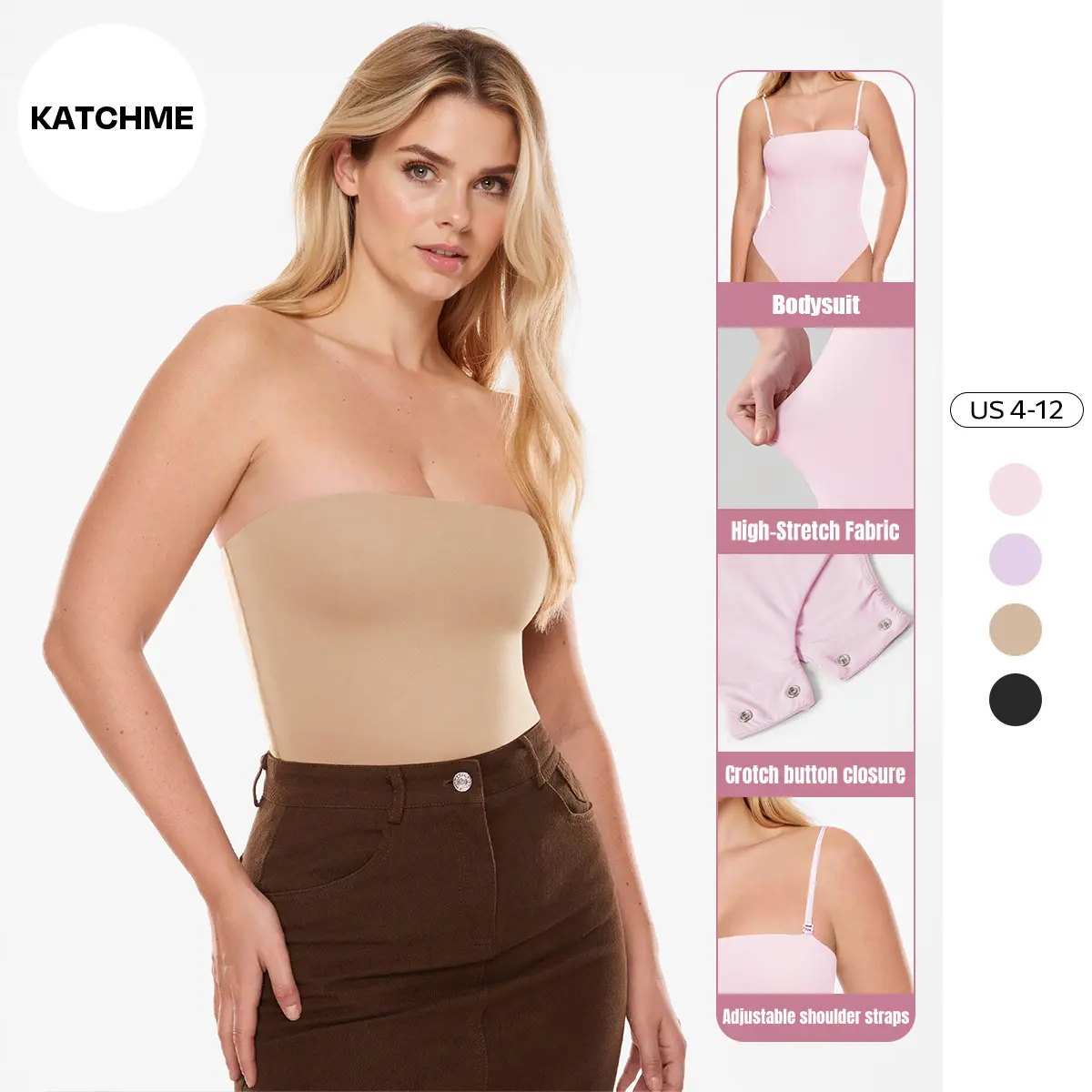 KatchMe Women's Soft Solid Color Seamless Detachable Strap Stretch Bodysuit, Leisure Sport & Outdoor Clothing, Stretchy Plain Shapewear Bodysuit