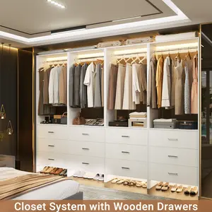 Freestanding Closet System Closet Organizer with 3 Wooden Drawers and Hanging Rod, Walk-in Closet or Small Closets Wardrobe