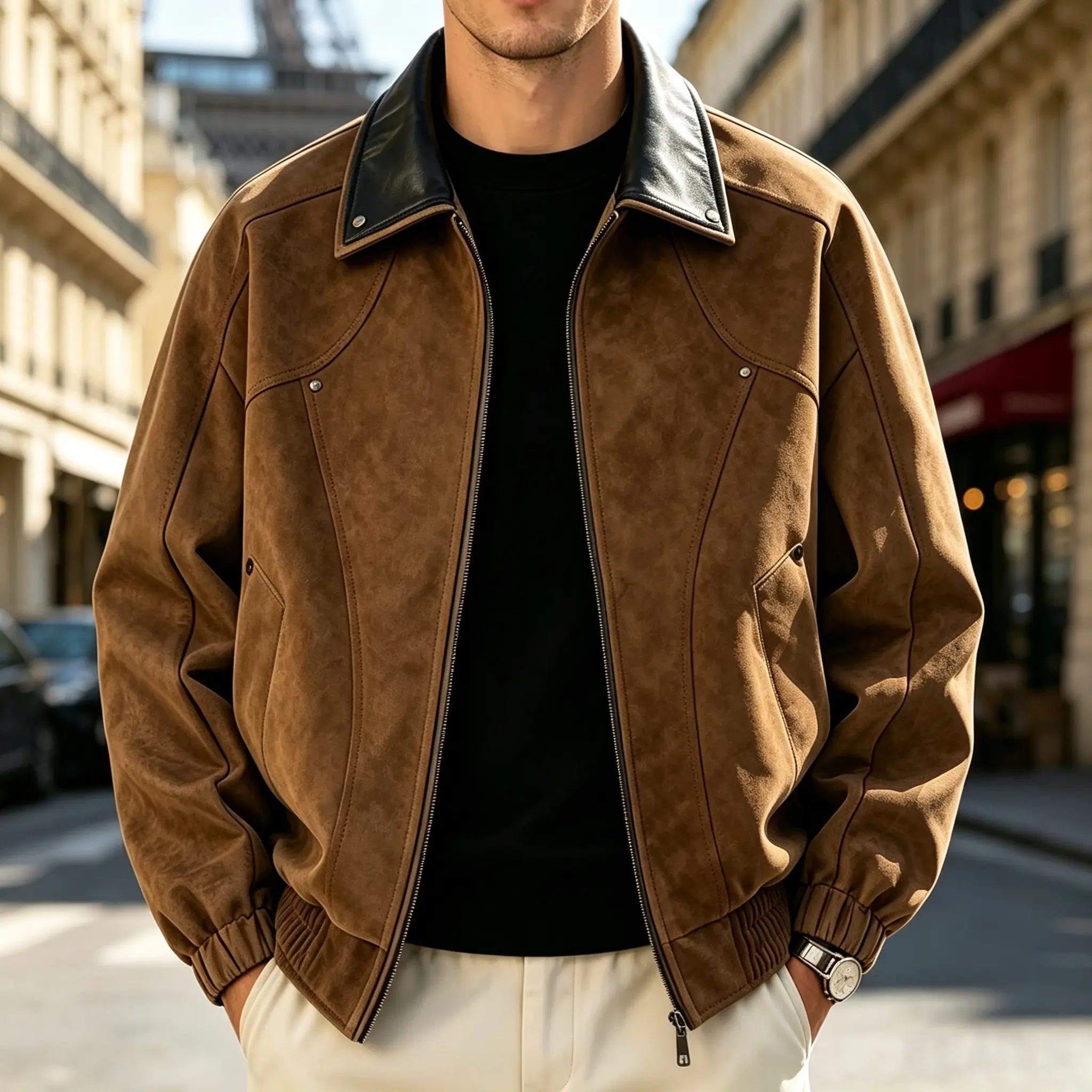 Men’s premium-feel versatile vintage leather-collar faux suede jacket, casual street-style aviator jacket, classic fall/winter zip-up windbreaker—gift for boyfriend or husband