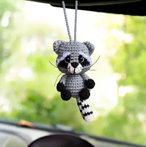 Crochet Raccoon Car Accessory RearView Mirror Hanger Cute Car Decoration, Car Mirror Hanging Accessory for Women, Car Ornament Crochet Raccoon Plush