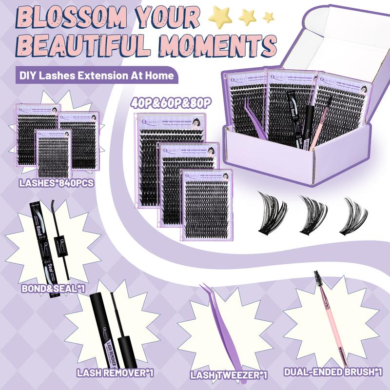 Lash Clusters Kit 840Pcs 10-18mm D Curl Lashes Clusters with Lash Bond&Seal Lash Remover Tweezers Double-Ended Brush DIY At Home(40+60+80D-KIT)