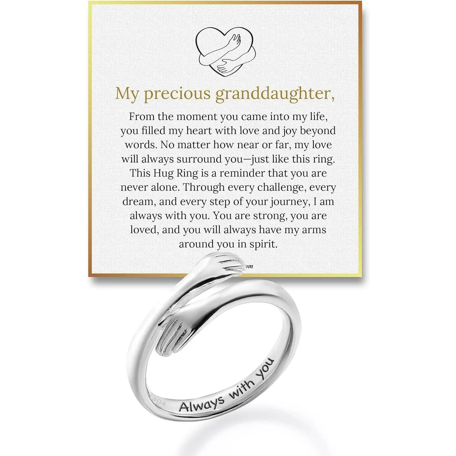 Hope Rings Granddaughter Hug Ring  – hypoallergenic Inspirational 999 Pure Silver & 304 Stainless Steel Jewelry with “Always With You” Message – Adjustable Ring for Women – Tarnish Free Jewelry Gift for Her – Birthday Gift for Her