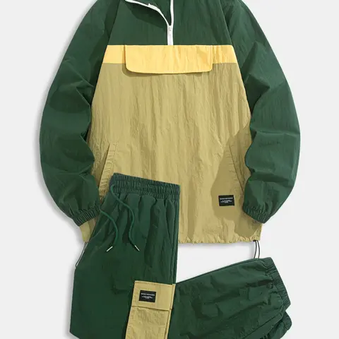 Men's Outdoor Sports Windbreaker Set, Athletic Activewear Tracksuits, Sportswear Set, Athletic Sets, Half-Zip Hooded Jacket & Drawstring Pants, Colorblock Patchwork Design, Casual Long Sleeve Outerwear, Streetwear Tracksuit Matching Set