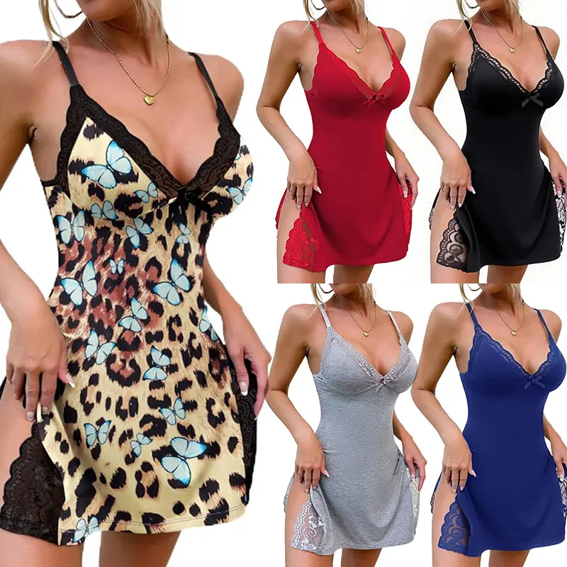 Women's Fitted Lace Trim Side Slit Cami Night Dress - Smooth, Soft Slip Nightwear for Women's Lounging, Comfortable, Polyester, Loungewear, Sleeveless, Floral