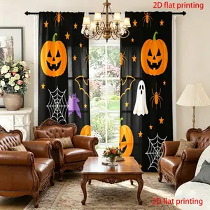 2-piece set of black Halloween element curtains, semi blackout polyester fabric, pumpkin ghost print, holiday decoration/daily use universal curtains