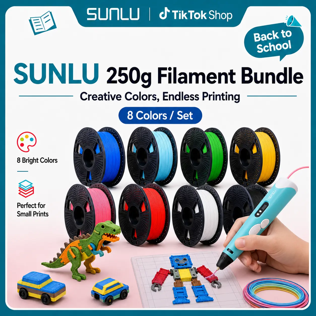 SUNLU 3D Printer Filament Bundle (8 Spools, 250g Each, 1.75mm, Total 2kg) - Multicolor, Neatly Wound, Vacuum Packed, Environmentally Friendly, High Compatibility with AMS, Ideal Mother's Day Gift for 3D Printing Enthusiasts, Bed Temperature: 50-60°C 5793,