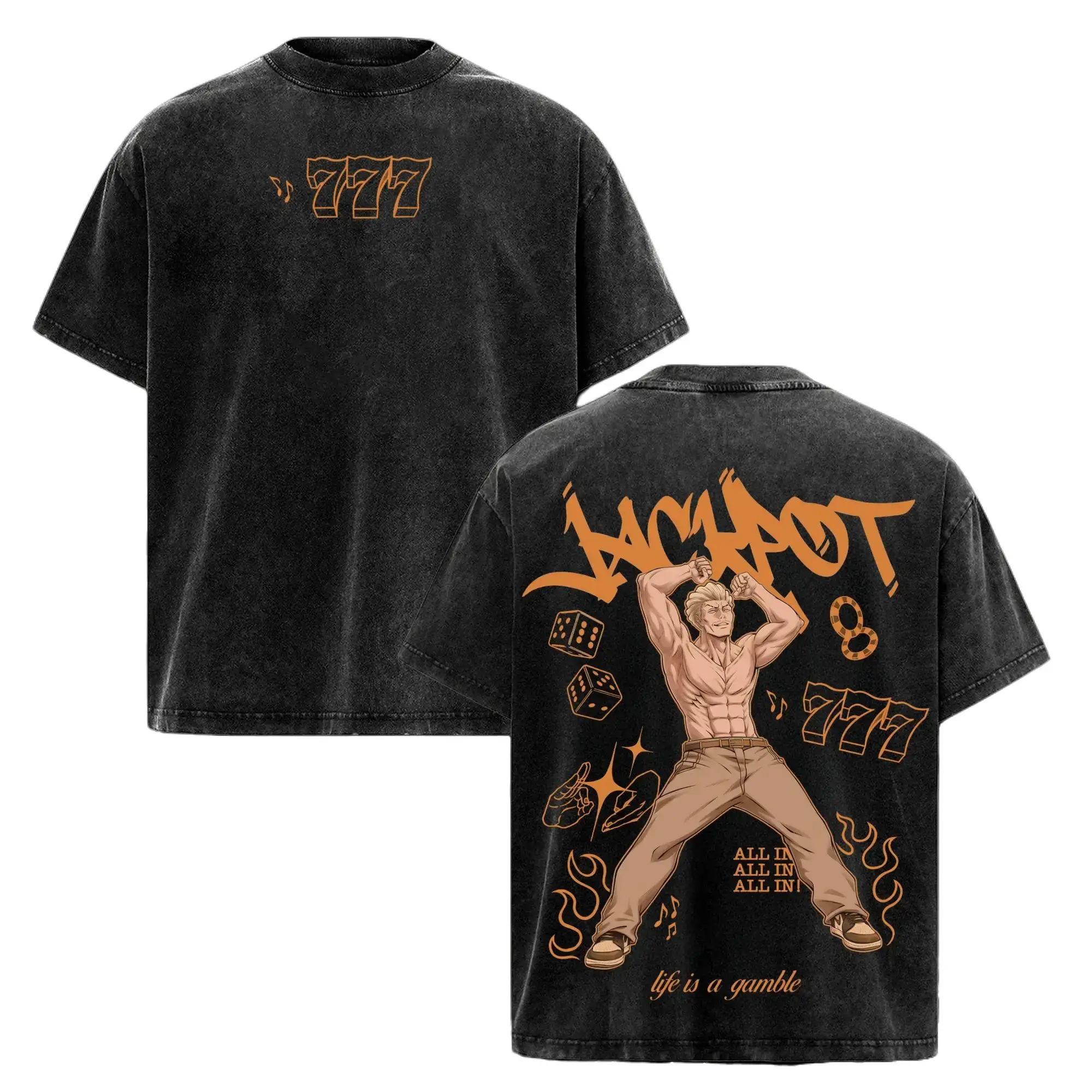 Women's Seamless Round Neck Short-Sleeve Kinji Hakari Jackpot Printed T-Shirt - Jujutsu Kaisen S3 Anime Graphic Tee, Vintage Acid Wash Oversized Soft Cotton Streetwear, Unisex Premium 2D Flat Vector Manga Apparel Gift, Shortsleeve