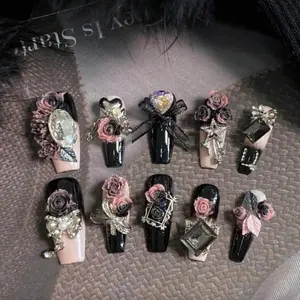 10 Pieces Medium Length Coffin Style Handmade Press On Nails with 3-D Charms ABS Plastic Nail Art Accessories