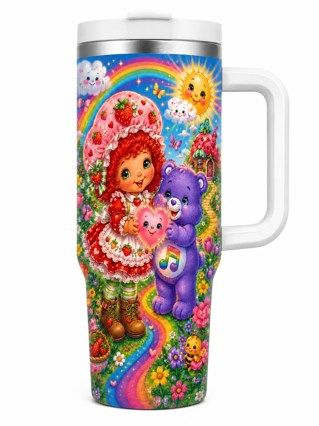 Kawaii Strawberry Travel Mug 40oz, Pink Insulated Cup with Handle, Gift for Girls and Women