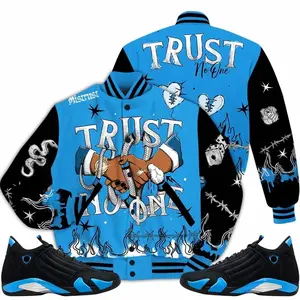 14 University Blue Outfits, Black University Blue 14s Varsity Jacket, Tattoo Trust No One Got EM Unisex T-Shirts To Match Sneakers Streetwear