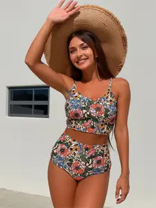 Floral Print Two-Piece Swimsuit for Women Comfortable Stylish Beachwear with Vibrant Pattern Flattering Design Perfect for Summer Vibes beach vacation wear Tankini Tummy Control Halter Metal Decor Monokini bikini thong