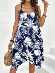 Plus Size Women's Boho Tropical Palm Print Strap Dress, Casual Loose Asymmetrical Hem, Summer Fashion, Sleeveless Striped Dress