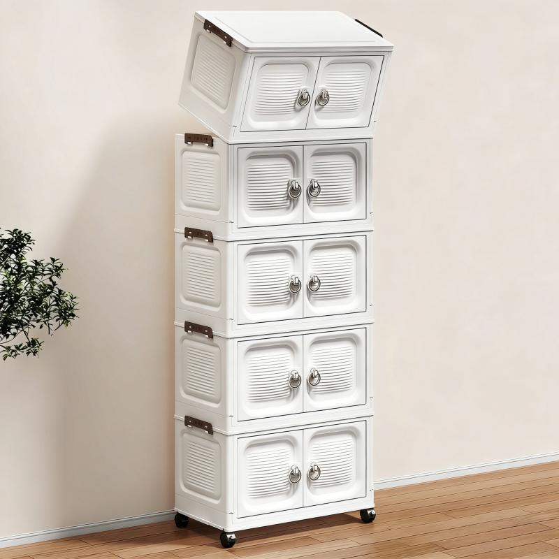 3/4/5 Tier White Foldable Storage Cabinet with Double Doors & Lockable Wheels – Stackable Modular Plastic Organizer with Ring Handles, Tool-Free Assembly Collapsible Rolling Storage Bin for Bedroom, Living Room & Home Organization, Space-Saving Design