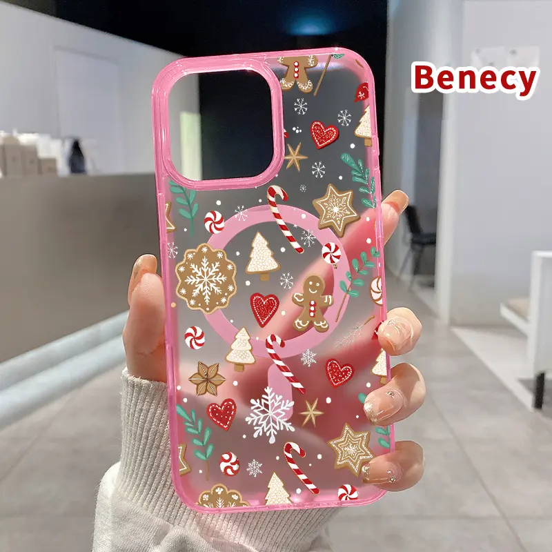 Magnetic Smartphone Case with Handheld Holder, Card Slot & Protective Buttons - Wireless Charging Support, Christmas Cookie Dream Pattern, Shockproof Soft Silicone Transparent Cover for iPhone 11 12 13 14 15 16 17 Pro Max XR XS Plus E