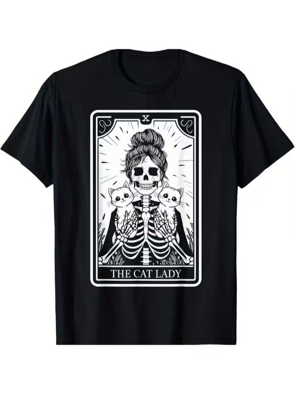 Women's Short-Sleeve Cotton-Blend Round Neck T-Shirt - Halloween Theme Cat Lady Statement, Skeleton Kitty Designs, Love Tops for Women, Ideal Gift for Cat Enthusiasts