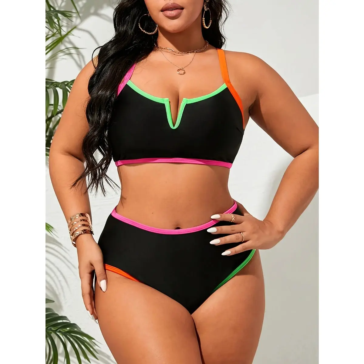 2026 Women's Resort-Style Color-Blocked Trimmed Halter-Neck Casual Beach Plus-Size Bikini Set Summer Vacation
