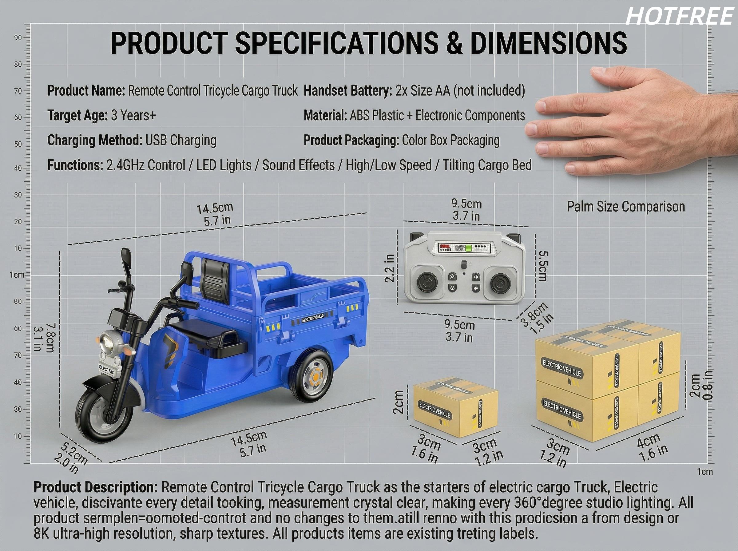 Hotfree Mini RC Cargo Tricycle Toy, 2.4Ghz Remote Control Dump Truck with Loading Bed, Headlight and Sounds, USB Rechargeable Electric Vehicle, Birthday Christmas Gift for Boys Girls Kids Ages 6+