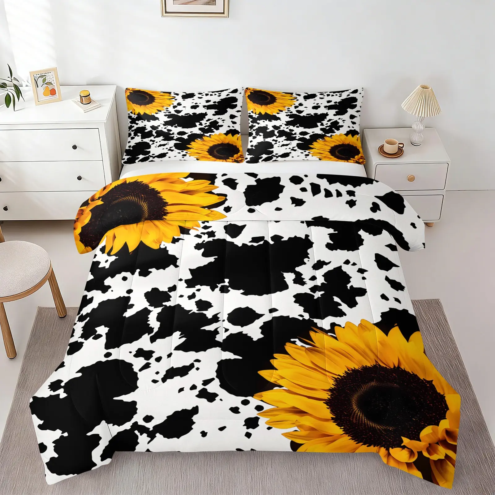 Western Sunflower Cow Print Quilted Comforter Set, Includes 1 Quilt & 1 or 2 Pillowcases, Soft Breathable Microfiber Bedding, Comfy Bedding Set, Black & White Cowhide with Sunflower Print, Printed Bedding Set, Modern Farmhouse Bedroom Decor, Quilt Sets