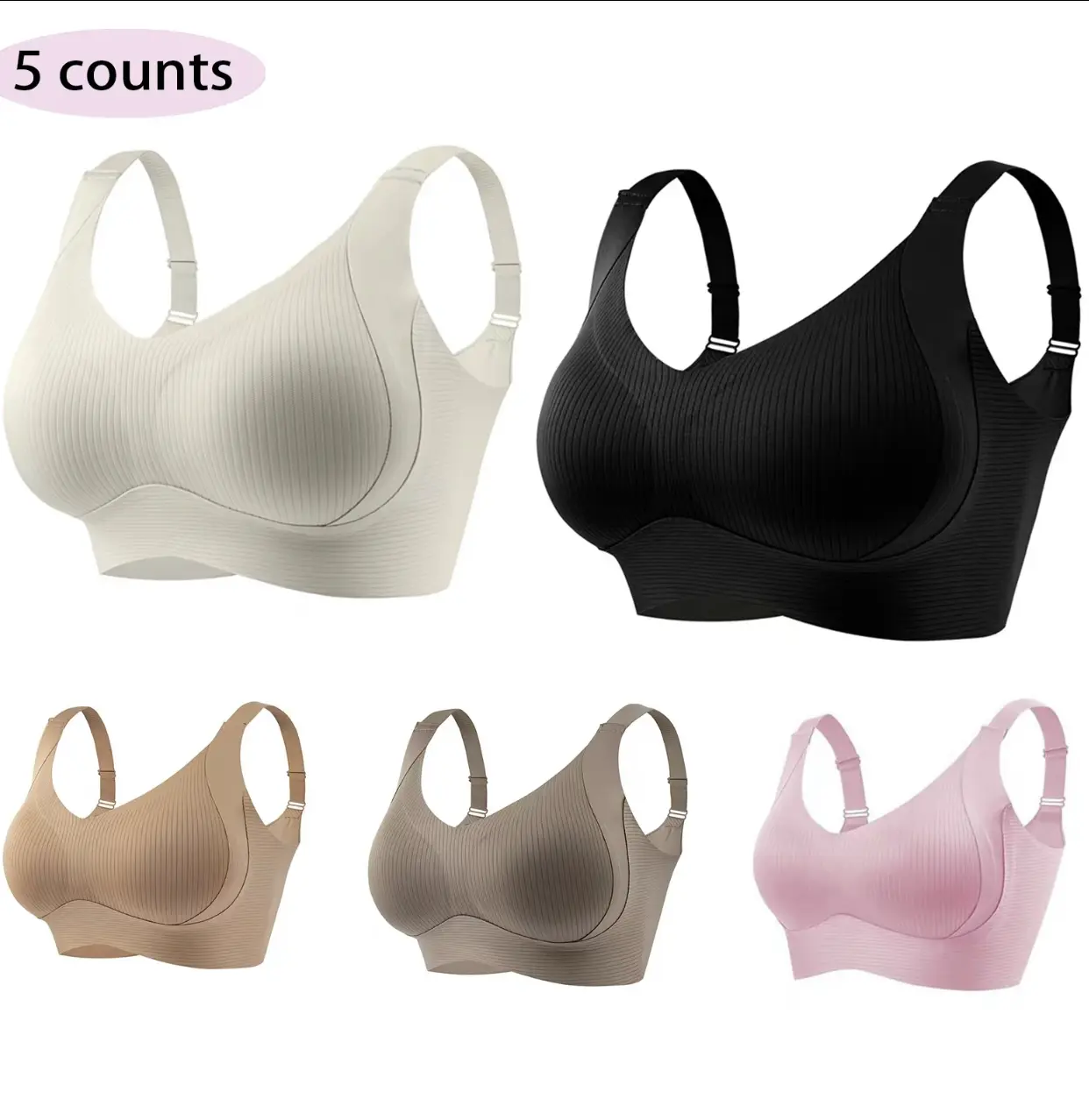 5-Pack Wireless Comfort Bras, Seamless Ribbed Everyday Lift Support Bra Multi-Pack with Adjustable Wide Straps for Full Figure