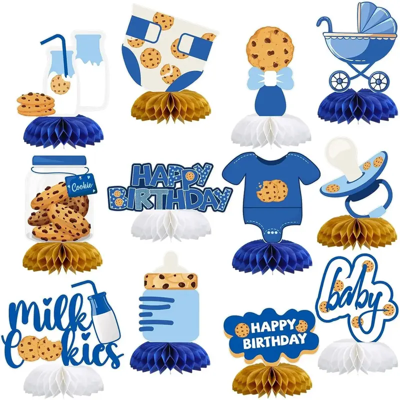 12 Pcs Milk Cookies Baby Shower Honeycomb Centerpieces Blue Milk and Cookie Happy 1st Birthday Party Photo Booth Props for Gender Reveal Party Table Decor