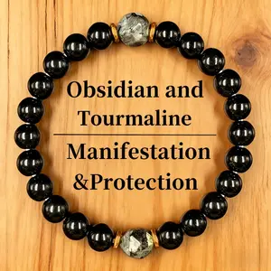 Obsidian & Black Tourmaline Bracelet - Manifestation & Protection Healing Crystal Beads Jewelry for Men & Women, Christmas Gift, Gifts for Mother's Day, Father's Day, Valentine's, Birthdays, Anniversary, Black Grounding Stone Beaded Bracelet