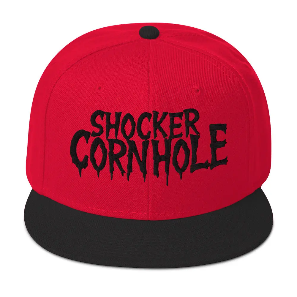 Shocker Cornhole Snapback Hat Black Embroidery Structured High Profile 6 Panel Acrylic Wool Blend Red Black Visor