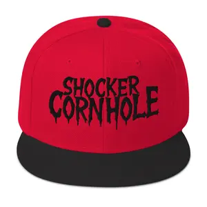 Shocker Cornhole Snapback Hat Black Embroidery Structured High Profile 6 Panel Acrylic Wool Blend Red Black Visor