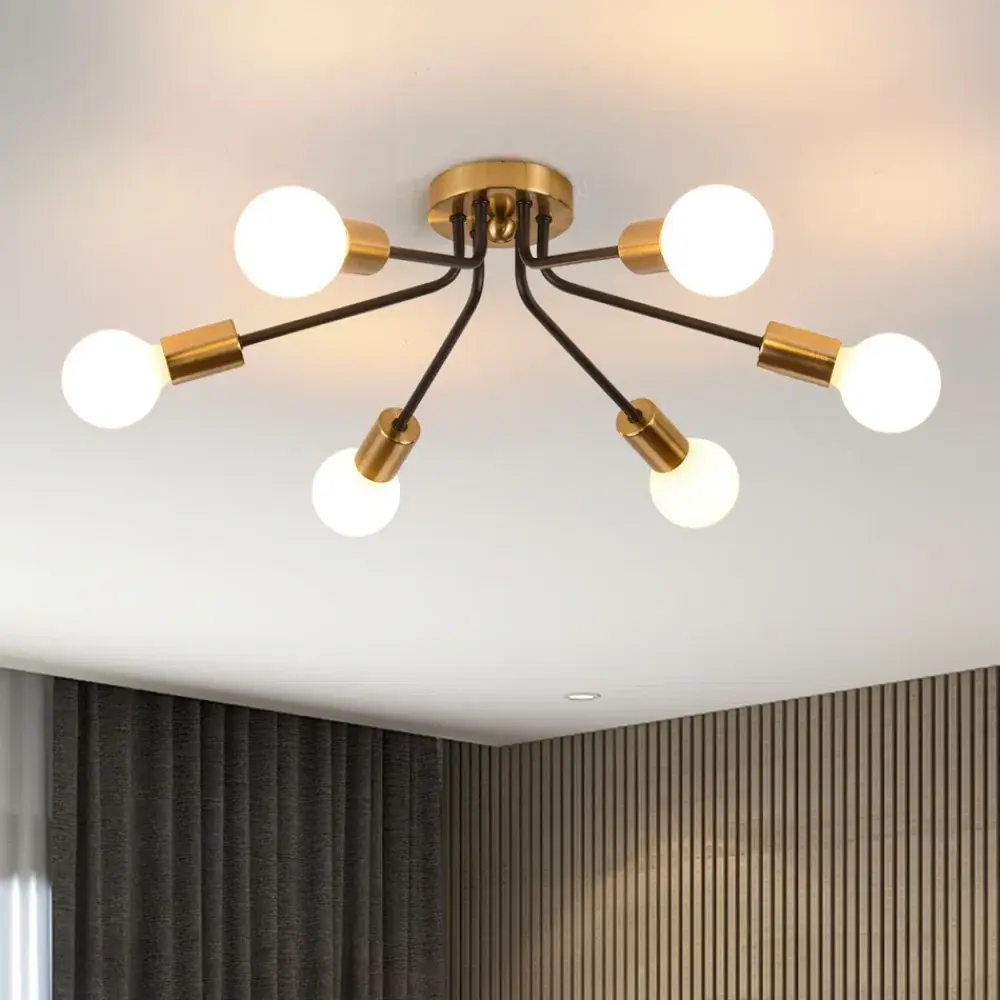 Garwarm 21 Inch Sputnik Sphere Flush Mount,Mid Century Industrial Ceiling Light Fixture,6-Light Gold Sputnik Chandelier for Dining Room Kitchen Living Room Bedroom Hallway