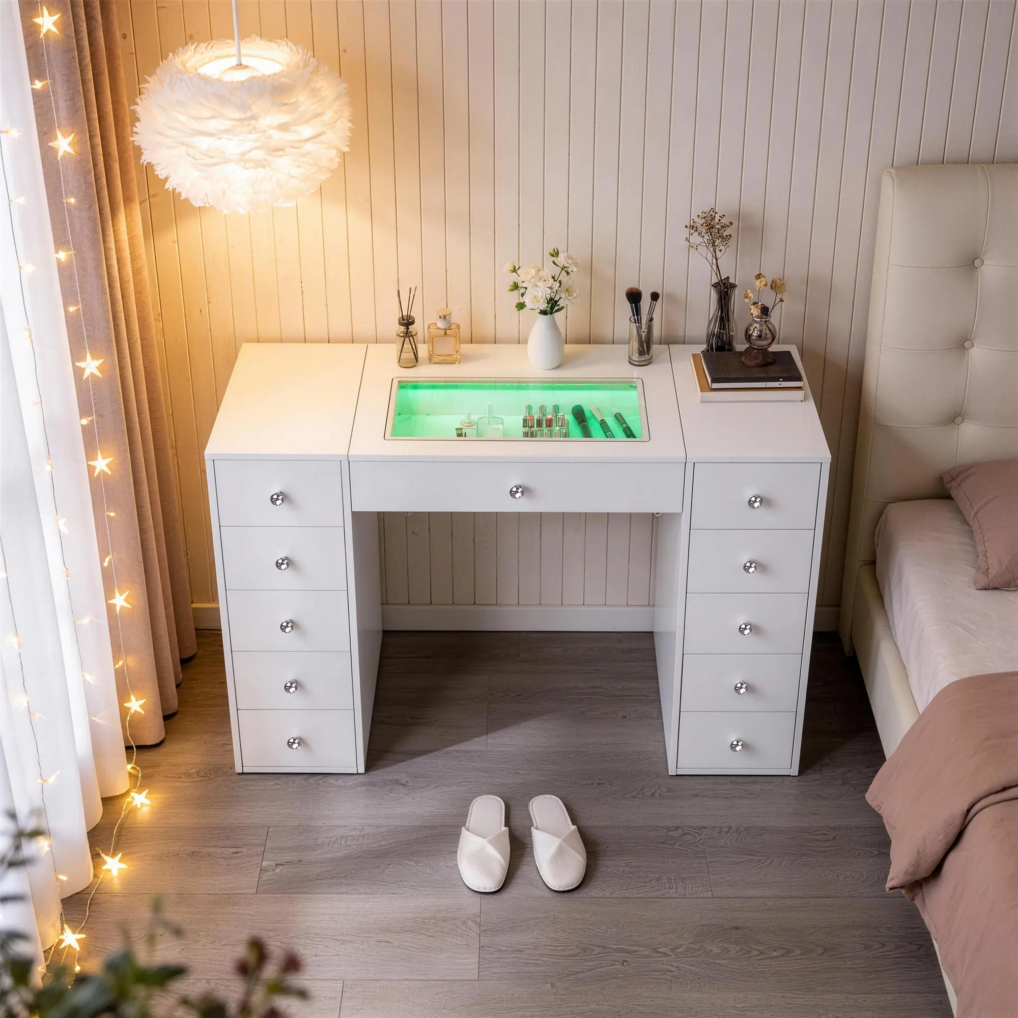 VANITII White Makeup Vanity Desk with Adjustable LED Lights, 11 Storage Drawers, Vanity Storage Organizer for Bedroom, Vanity With Led Lights