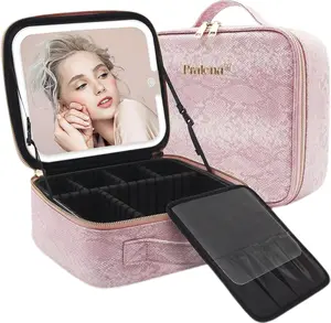 Travel Makeup Bag with LED Mirror – 3 Brightness Modes, Portable Lighted Makeup Case with Adjustable Dividers, Cosmetic Organizer Gift for Women (Black)