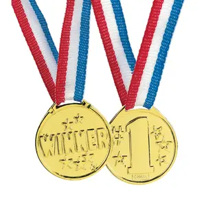 1 1/2" Plastic Goldtone Winner Medals with Striped Ribbon - 12 Pc.