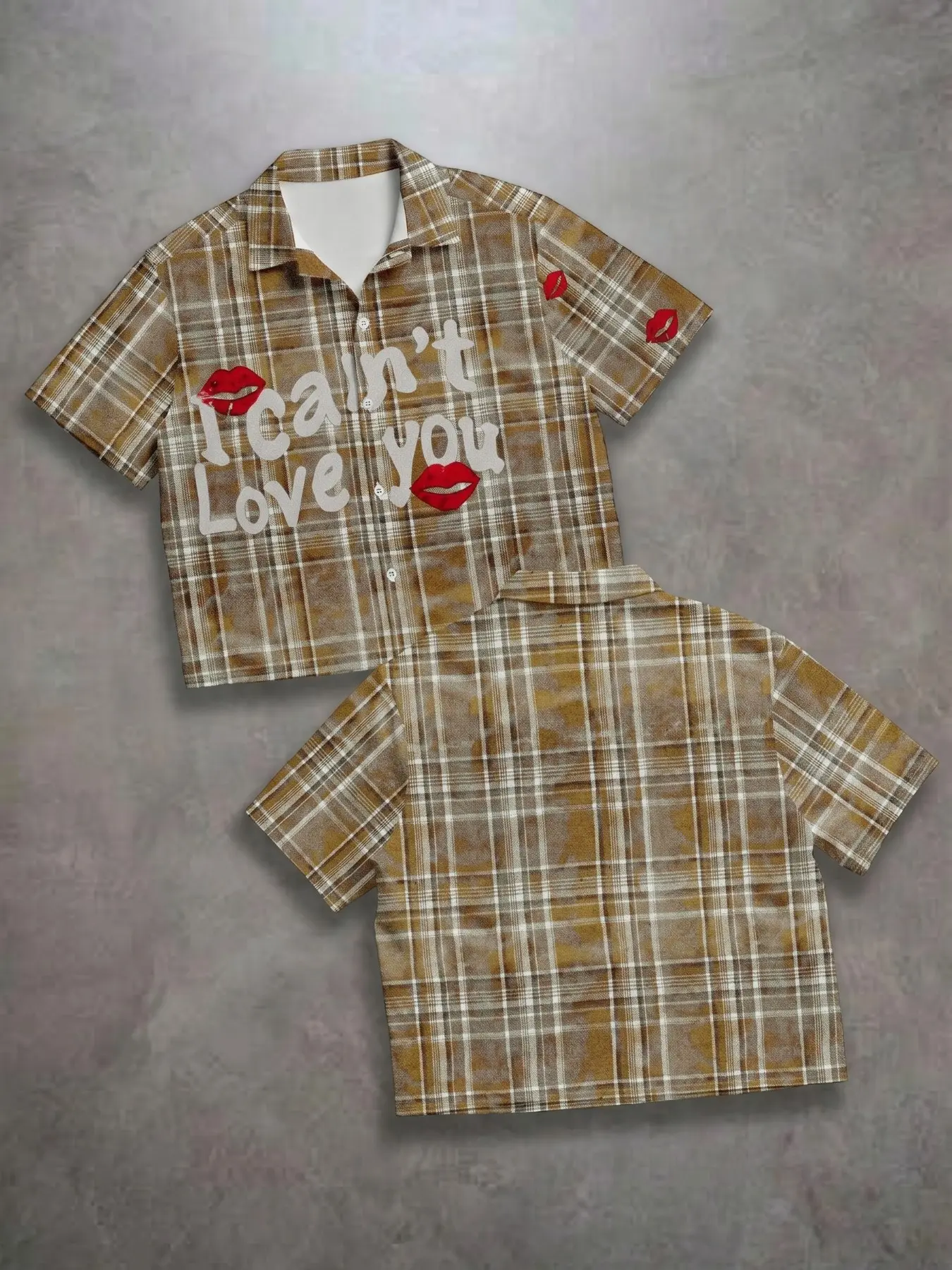 Aesthetic Graphic Casual Plaid Checkered Shirt Short Sleeve, Edgy Streetwear "I Can't Love You" Statement Top for Couples and Street Style, Vintage Inspired Button Down Blouse with Bold Lip Details