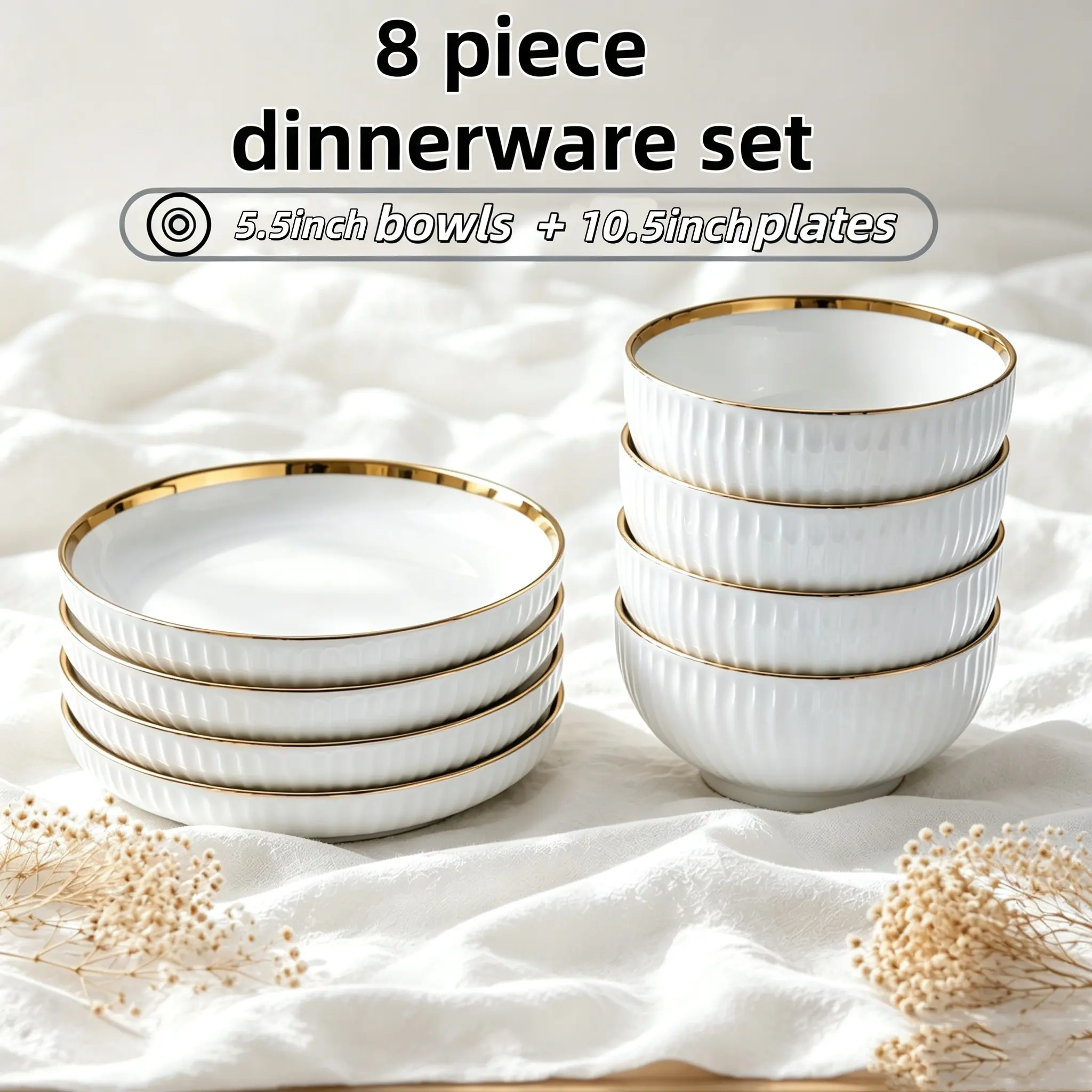 Everyday Round 8-Piece Gold-Rim Ribbed White Porcelain Tableware Set - 4x5.5in Cereal Bowls, 4x10.5in Dinner Plates, Lead-Free, Microwave-Safe, Dishwasher/Freezer-Safe, Stackable for Family Meals, Salad, Garden