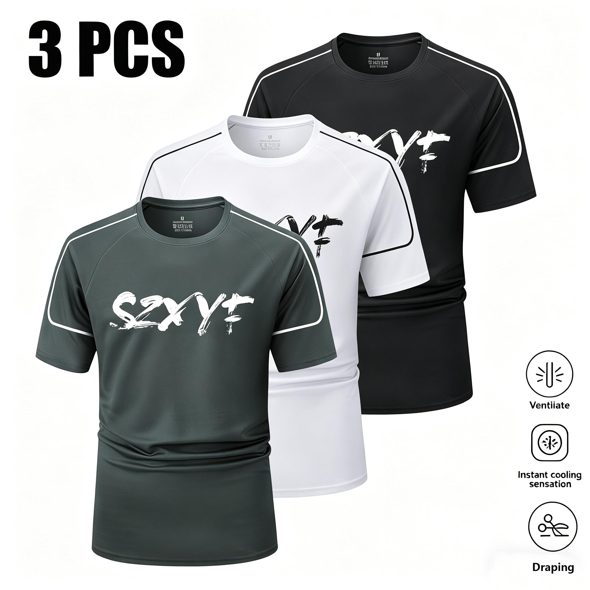 Multi-pack men’s solid-color crew-neck compression athletic T-shirts; quick-drying, breathable short-sleeve T-shirts suitable for running and fitness training; casual sports tops ideal for all seasons; sportswear featuring letter print design; loose, brea Multi-pack men’s solid-color crew-neck compression athletic T-shirts; quick-drying, breathable short-sleeve T-shirts suitable for running and fitness training; casual sports tops ideal for all seasons; sportswear featuring letter print design; loose, brea