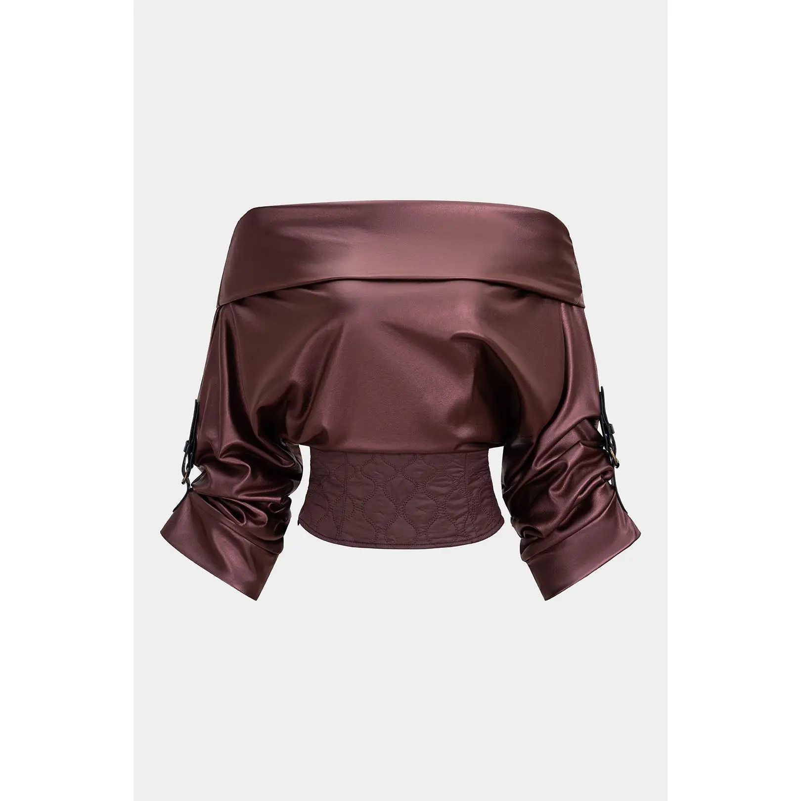 Quilted Faux Leather Blouse for Women, Fitted Off-Shoulder Long-Sleeve Jacquard Patchwork Top