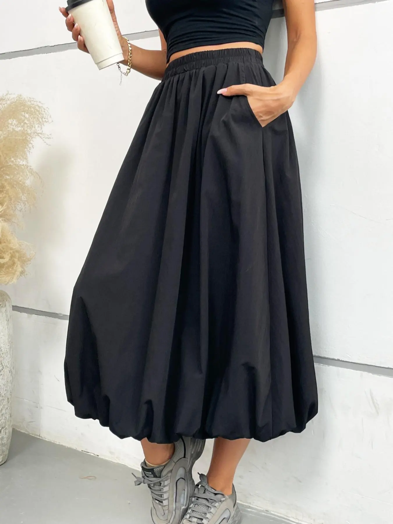 Women's Solid Pocket Elastic Waist Woven Bubble Skirt, Casual Fashion A-Line Midi Skirt for Daily Outdoor Wear, Women's Bottoms for Fall & Winter Womenswear