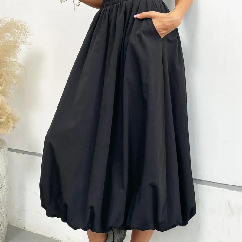 Women's Solid Pocket Elastic Waist Woven Bubble Skirt, Casual Fashion A-Line Midi Skirt for Daily Outdoor Wear, Women's Bottoms for Fall & Winter Womenswear
