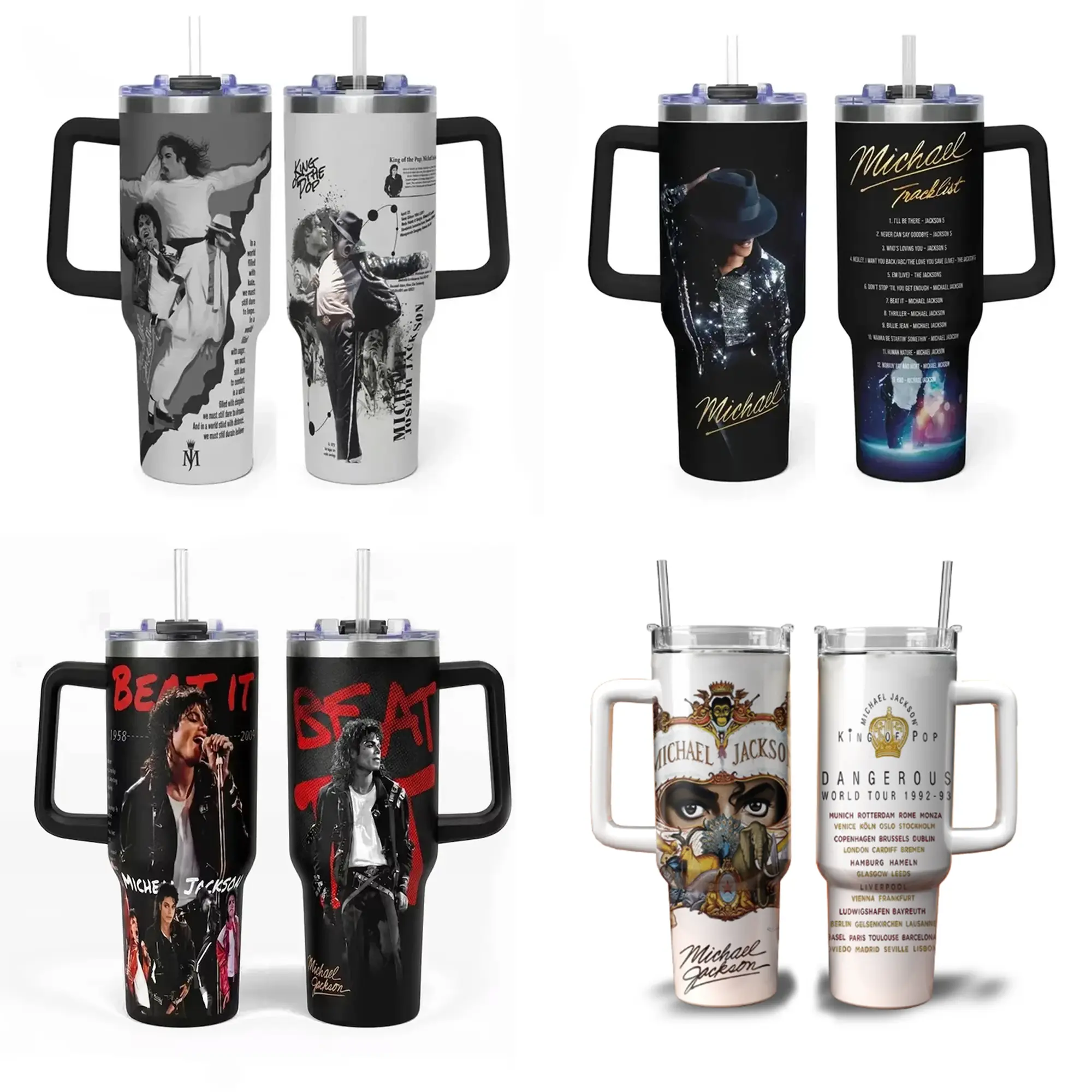 [Collection] Michael Jackson Stainless Steel Insulated Flask - 20oz/40oz V3 Sturdy Portable Tumbler with Handle, Straw, Insulation Lid, King of Pop Thriller Moonwalk Fan Gift
