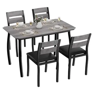 Modern 5 Piece Dining Table Set for 4 – Space-Saving Metal & Wood Design, Cushioned Seats, Chamfered Edge – Perfect for Apartments, Small Spaces, Breakfast Nook